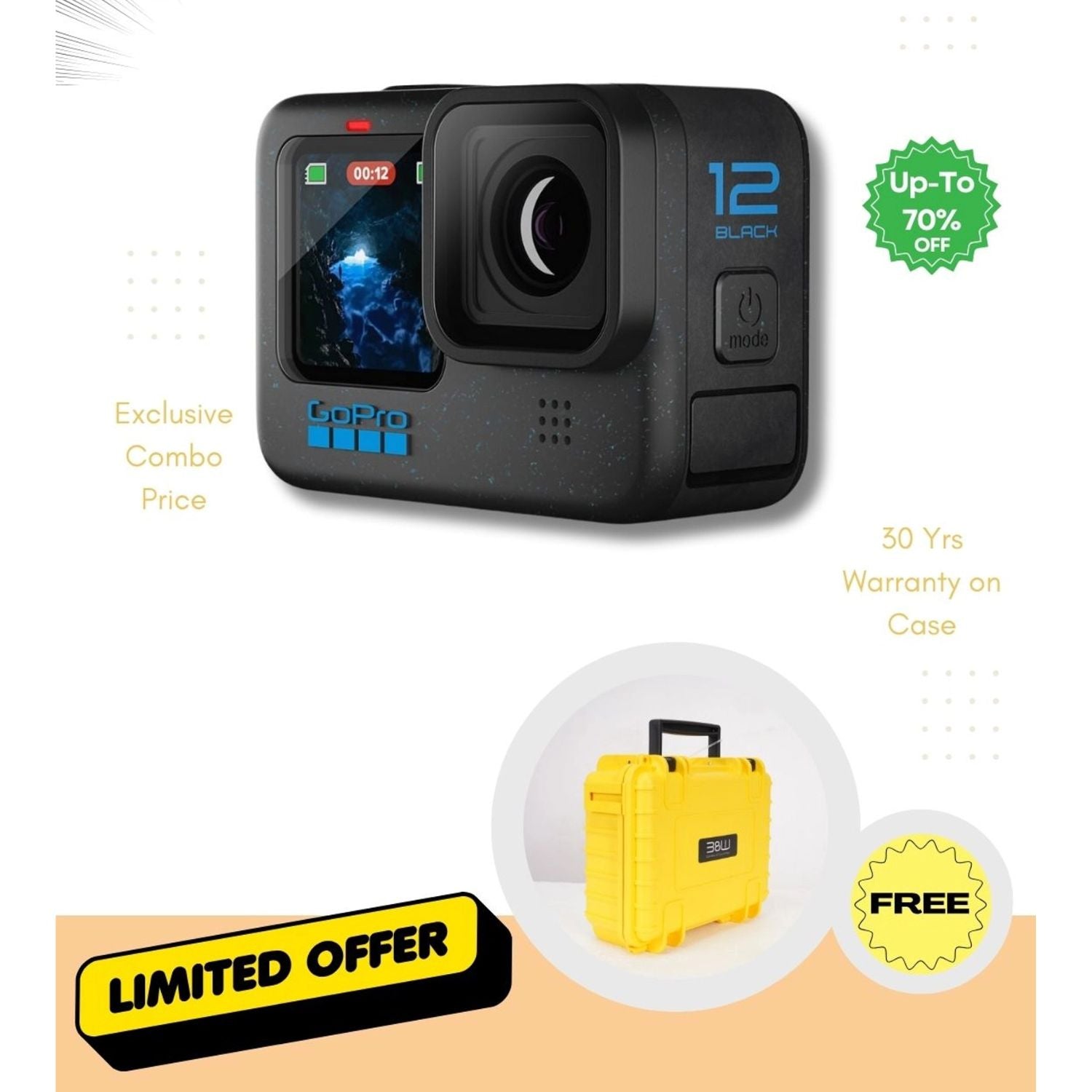 Black action camera with front screen and lens, rugged case included